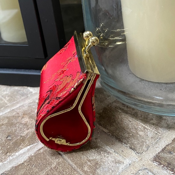 Brocade Fabric Kiss Lock Coin Purse Clutch Gold Tone Hardware - Picture 5 of 7